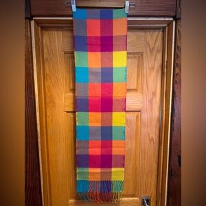 VINTAGE AVOCA PLAID & CHECK BLUE GREEN PINK WOOL LONG MENS FRINGE SCARF